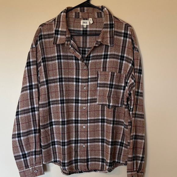 BKE Tops - BKE Brown Plaid Button-Down Shirt with Black Accents